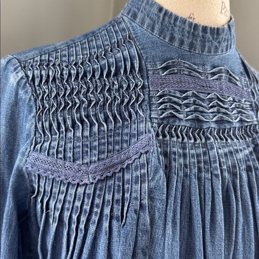 Needle & Thread pintucked embroidered denim high neck blouse EUC size small - Picture 4 of 12